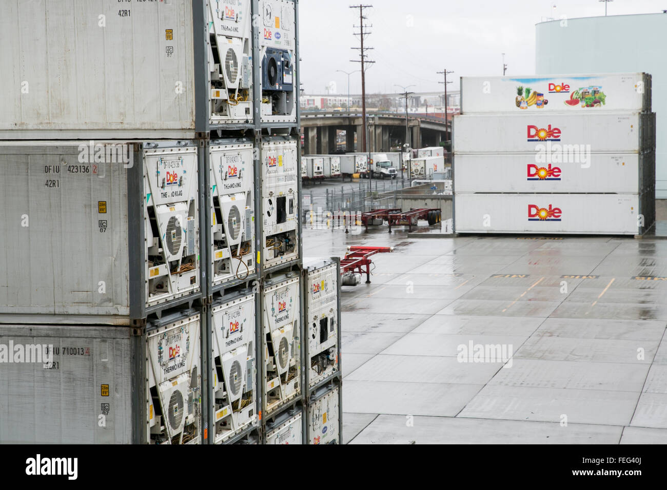 Shipping containers with the Dole Food Company, Inc., logo at a shipping facility in San Diego, California on January 31, 2016. Stock Photo