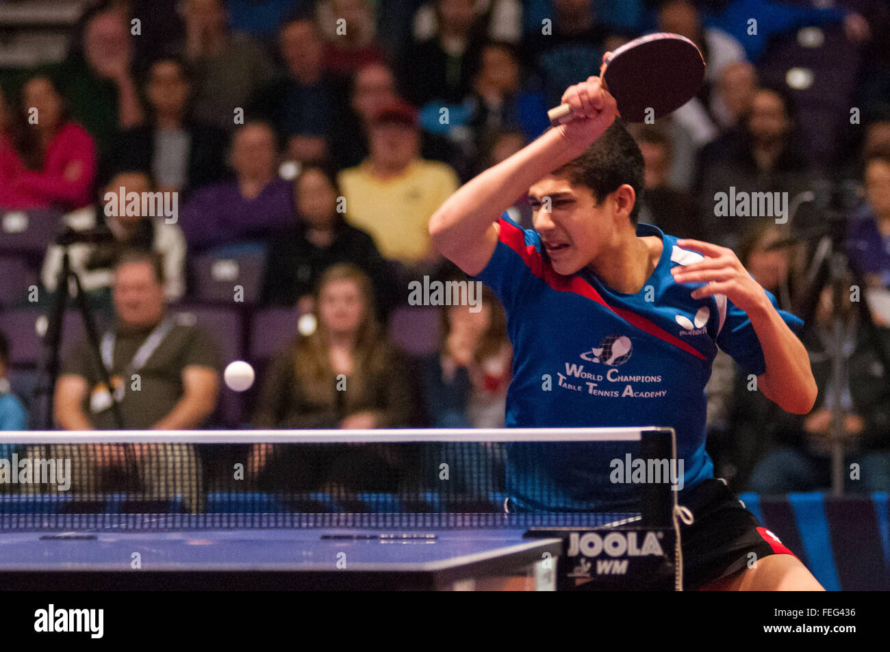 Greensboro, North Carolina, US. 6th Feb, 2016. Feb. 6, 2016 - Greensboro, N.C., USA - KANAK JHA returns a volley from Kunal Chodri during the men's semi-finals on day three of the 2016 U.S. Olympic Table Tennis Trials. Jha defeated Chodri to advance to the men's final. The top three men and women from the trials move on to compete in April at the 2016 North America Olympic Qualification tournament in Ontario, Canada. The 2016 Summer Olympics will be held in Rio De Janeiro, Brazil, Aug. 5-21. © Timothy L. Hale/ZUMA Wire/Alamy Live News Stock Photo