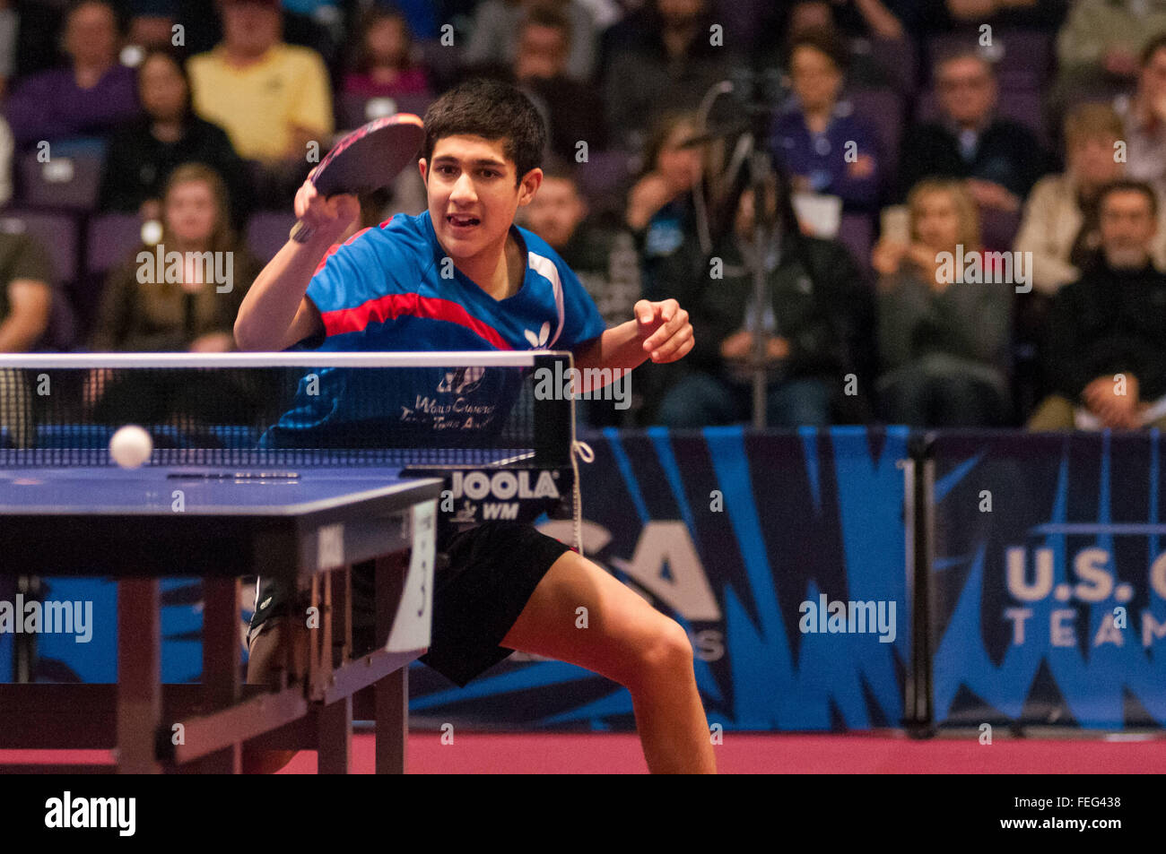 Greensboro, North Carolina, US. 6th Feb, 2016. Feb. 6, 2016 - Greensboro, N.C., USA - KANAK JHA works the corner of the table against Kunal Chodri during the men's semi-finals on day three of the 2016 U.S. Olympic Table Tennis Trials. Jha defeated Chodri to advance to the men's final. The top three men and women from the trials move on to compete in April at the 2016 North America Olympic Qualification tournament in Ontario, Canada. The 2016 Summer Olympics will be held in Rio De Janeiro, Brazil, Aug. 5-21. © Timothy L. Hale/ZUMA Wire/Alamy Live News Stock Photo