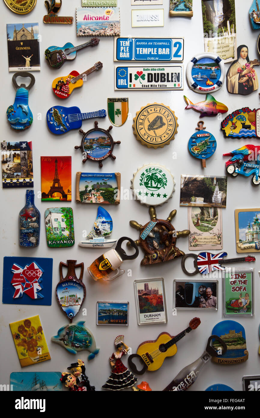 A varied collection of fridge on a domestic household fridge door Stock Photo Alamy
