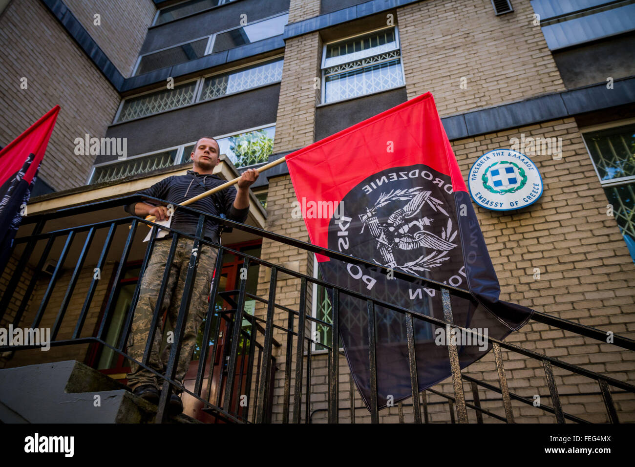 London, UK. 6th October, 2013. Members of Poland’s nationalist far-right ‘National Rebirth of Poland’ protest outside the Greek Embassy to demand the release of Nikos Michaloliakos the leader of Golden Dawn, Greece’s right-wing extremist party, who was arrested by the Greek authorities on August 28th 2013 Credit:  Guy Corbishley/Alamy Live News Stock Photo