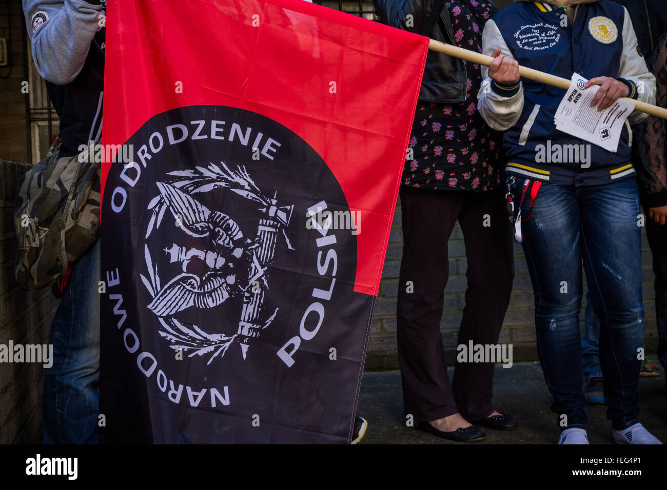London, UK. 6th October, 2013. Members of Poland’s nationalist far-right ‘National Rebirth of Poland’ protest outside the Greek Embassy to demand the release of Nikos Michaloliakos the leader of Golden Dawn, Greece’s right-wing extremist party, who was arrested by the Greek authorities on August 28th 2013 Credit:  Guy Corbishley/Alamy Live News Stock Photo