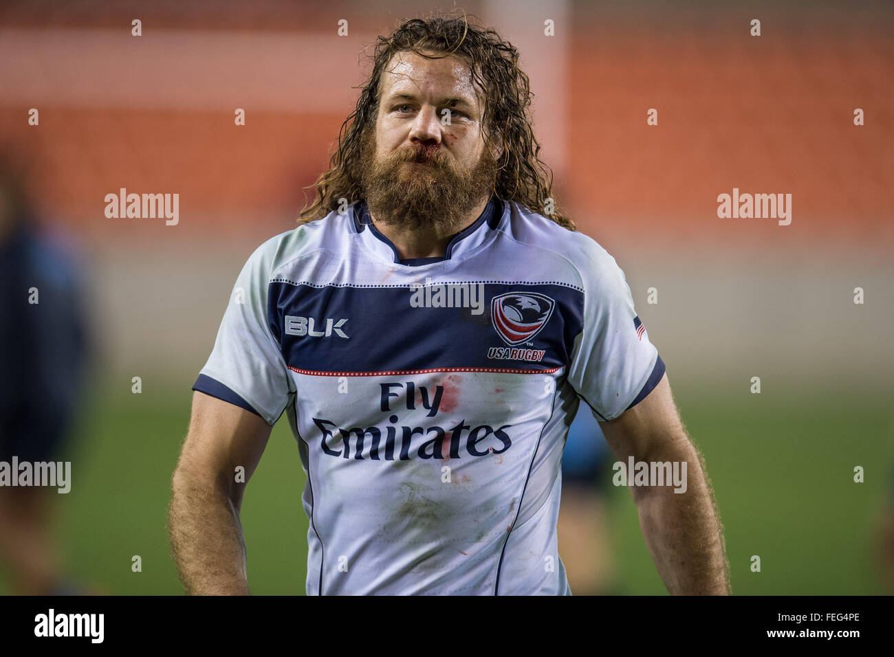 February 6, 2016: USA's Todd Clever(7) walks off the field with a bloody nose after a rugby match between Argentina and the USA in the Americas Rugby Championship at BBVA Compass Stadium in Houston, TX. The game ended in a 35-35 draw.Trask Smith/CSM Stock Photo