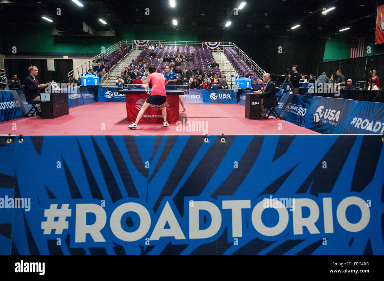 Greensboro, North Carolina, USA. 6th Feb, 2016. CRYSTAL WANG, in blue, and ANGELA GUAN in action during the women's finals on day three of the 2016 U.S. Olympic Table Tennis Trials. Wang defeated Guan to earn the final spot on the U.S. Olympic team. The top three men and women from the trials move on to compete in April at the 2016 North America Olympic Qualification tournament in Ontario, Canada. The 2016 Summer Olympics will be held in Rio De Janeiro, Brazil, Aug. 5-21. © Timothy L. Hale/ZUMA Wire/Alamy Live News Stock Photo
