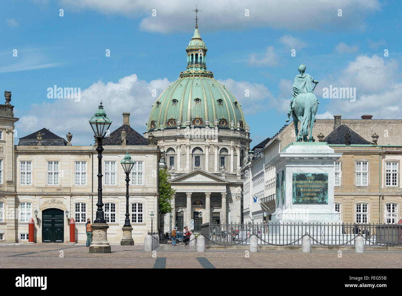 Statue of Frederick V showing Frederik's Church, Amalienborg Palace Square, Copenhagen (Kobenhavn), Kingdom of Denmark Stock Photo