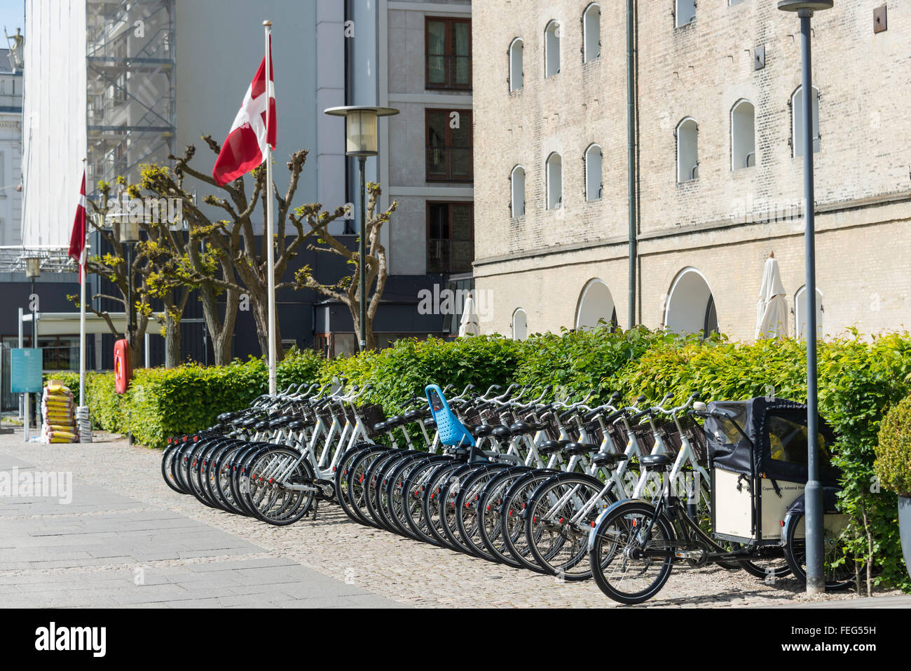 Hotel Admiral bicycle rank on quayside, Admiralkaj, Toldbodgade, Copenhagen (Kobenhavn), Kingdom of Denmark Stock Photo