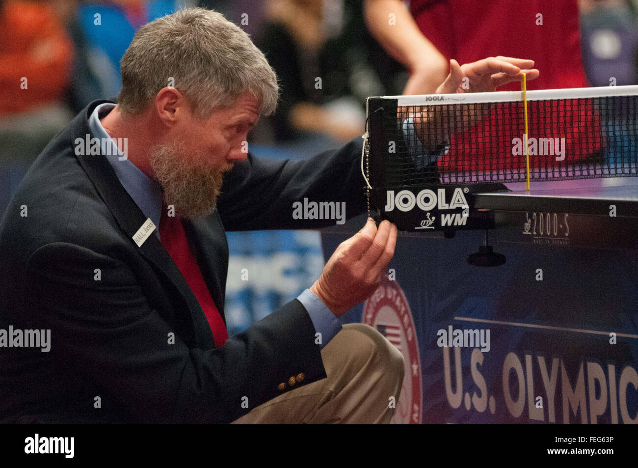 Greensboro, North Carolina, US. 5th Feb, 2016. Feb. 5, 2016 - Greensboro, N.C., USA - Umpire JAMEY HALL inspects the next before the start of the men's final on day two of the 2016 U.S. Olympic Table Tennis Trials. The top three men and women from the trials move on to compete in April at the 2016 North America Olympic Qualification tournament in Ontario, Canada. The 2016 Summer Olympics will be held in Rio De Janeiro, Brazil, Aug. 5-21. © Timothy L. Hale/ZUMA Wire/Alamy Live News Stock Photo