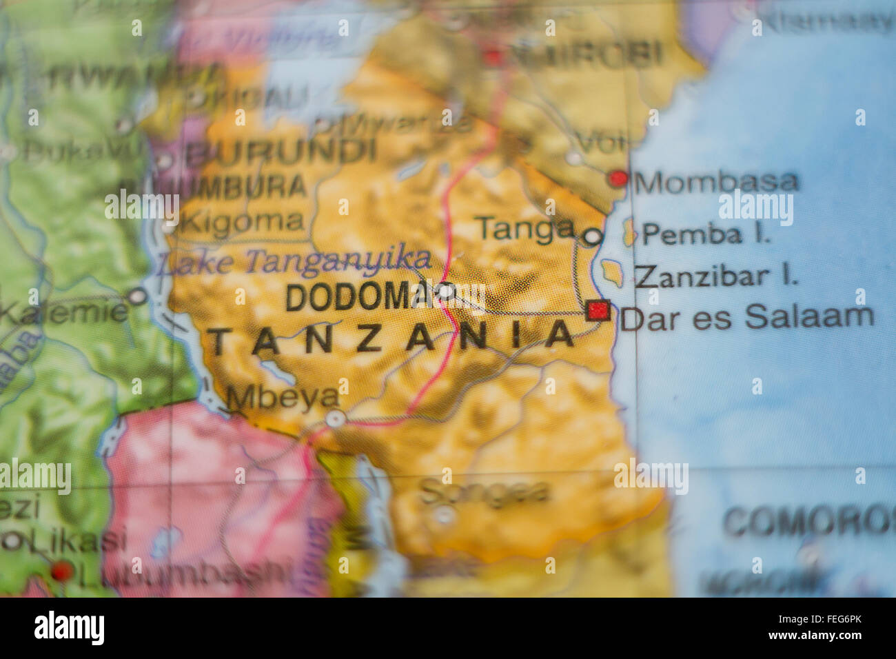 Photo of a map of Tanzania and the capital Dodoma . Stock Photo