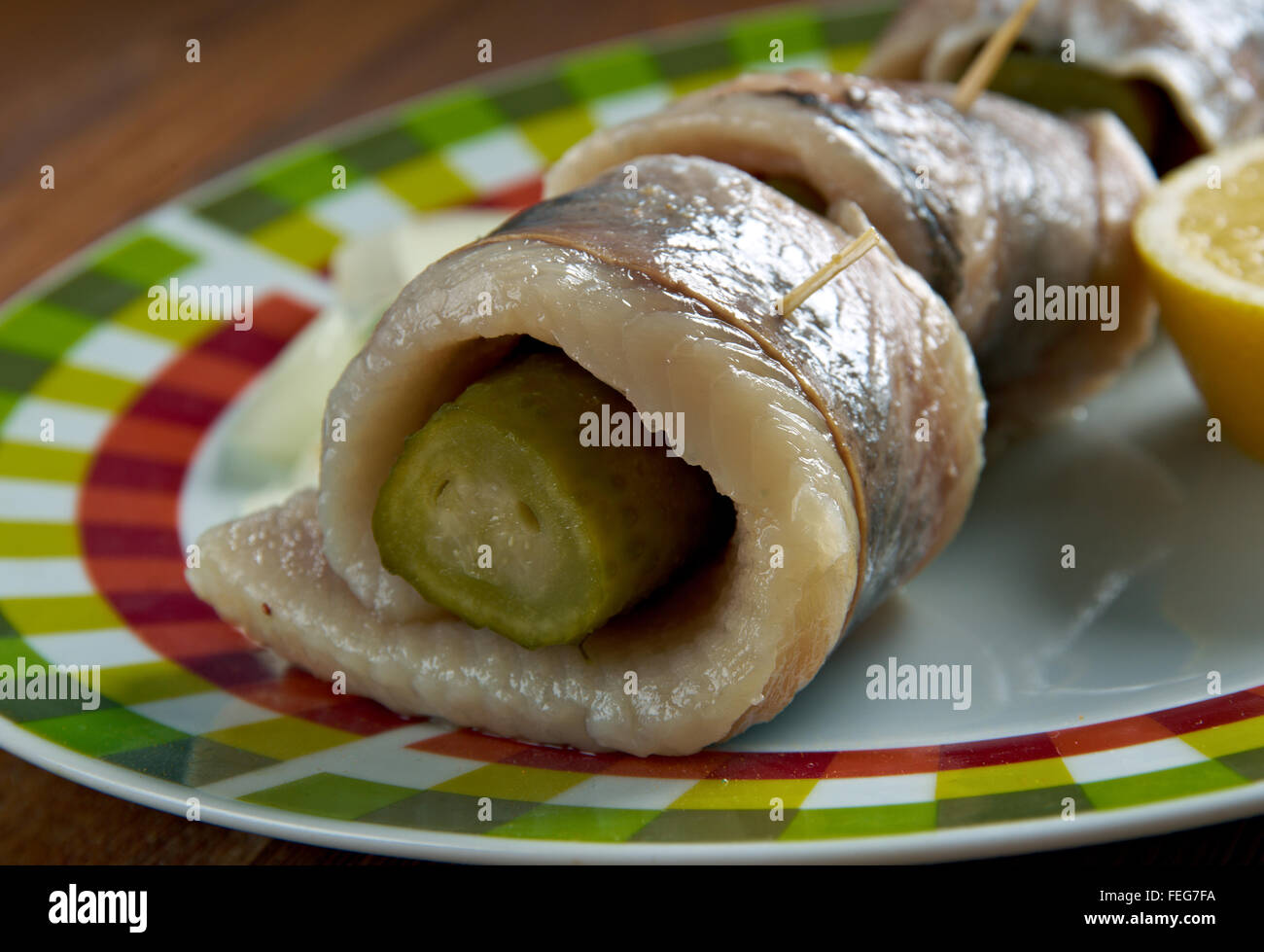 Roolmops Rollmops - pickled herring fillets, rolled slices of onion, pickled ...