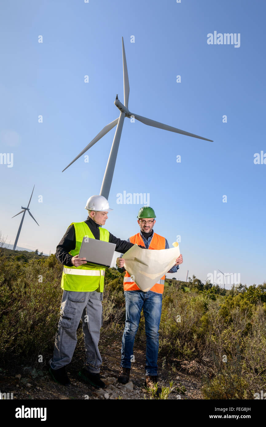 Engineers of wind turbine control projects and production Stock Photo
