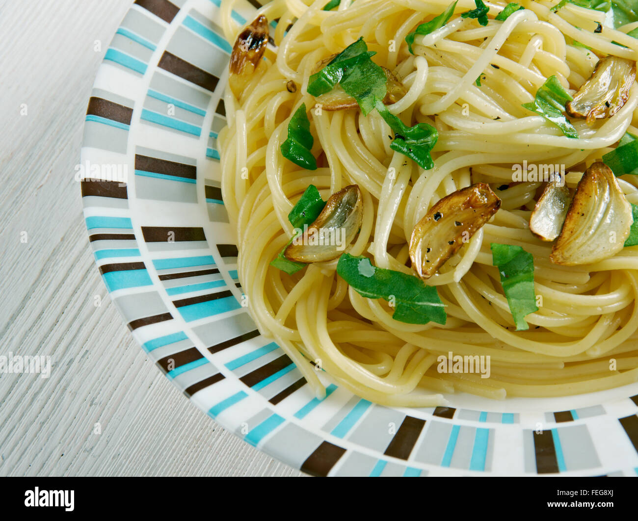 Spaghetti aglio e olio spaghetti with garlic and oil.traditional