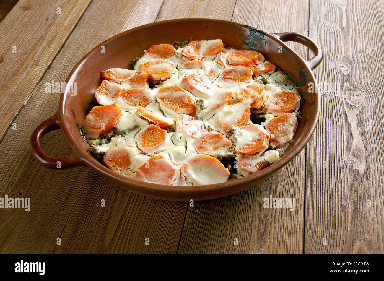 Scalloped Carrots Casserole with minced meat and vegetables Stock Photo