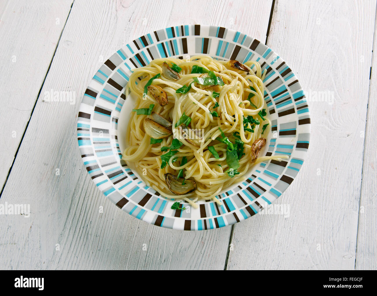 Spaghetti aglio e olio spaghetti with garlic and oil.traditional Italian pasta dish, coming