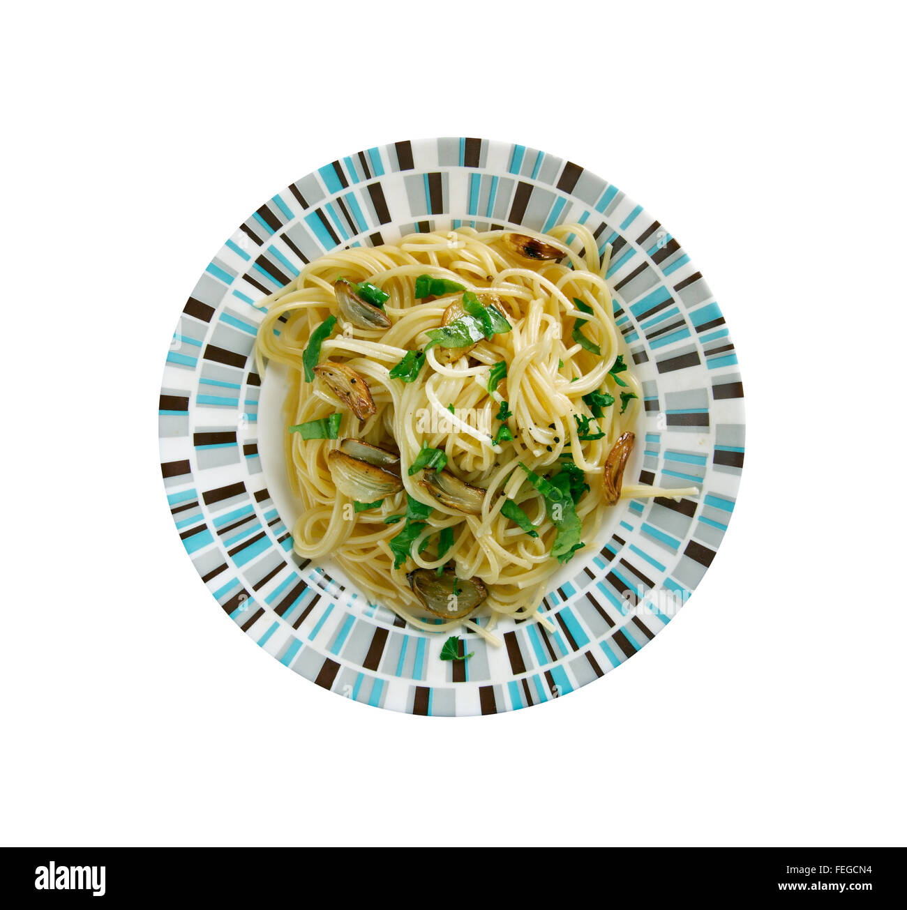 Spaghetti aglio e olio -  spaghetti with garlic and oil.traditional Italian pasta dish, coming from Napoli Stock Photo