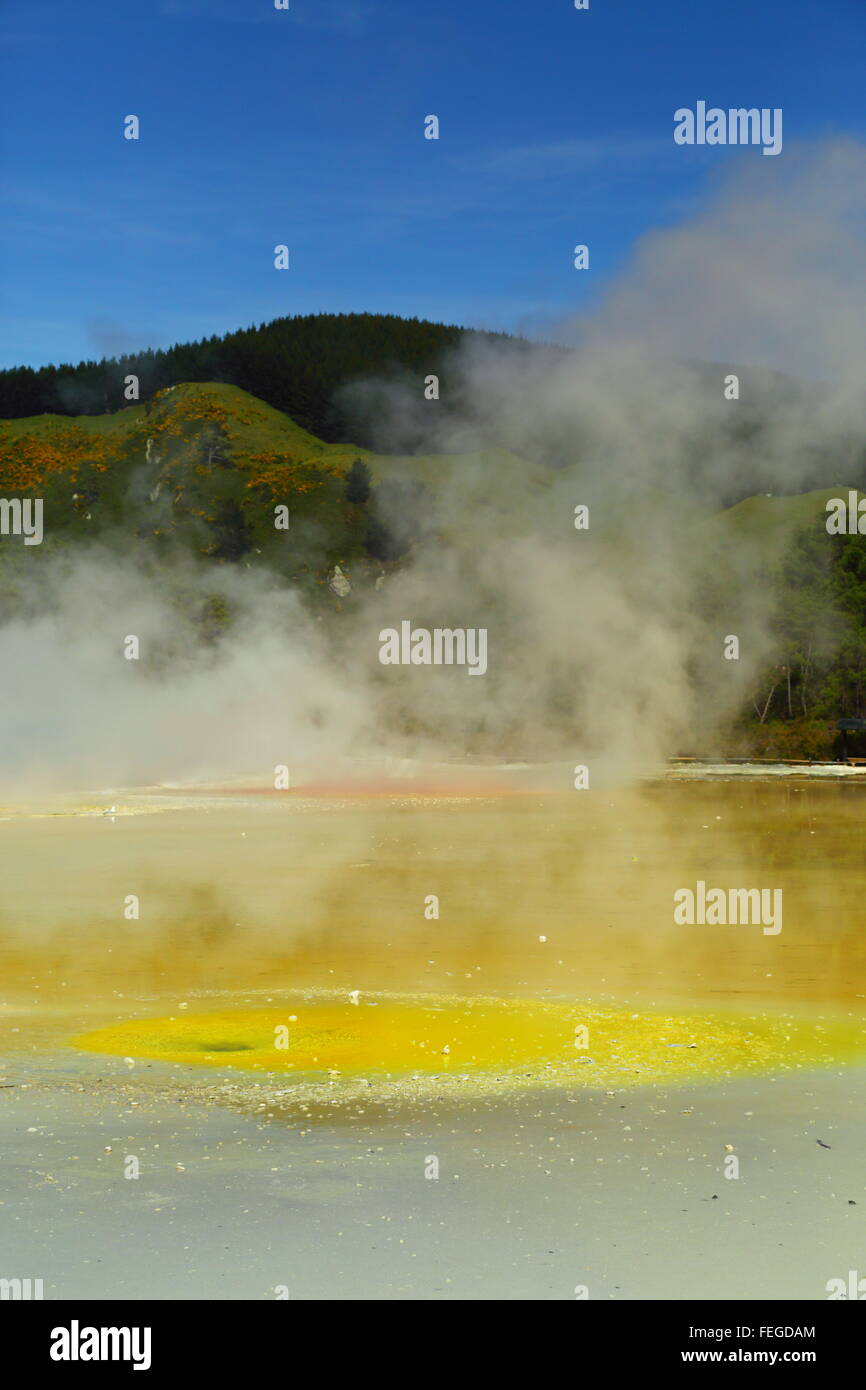 Champagne Pool in the stunning and amazing geothermal landscape of Wai-O-Tapu thermal area, Rotorua, New Zealand. Stock Photo
