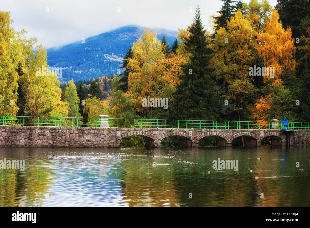 Lomnica dam lake in autumn scenery of Karkonosze Mountains, Karpacz, Poland Stock Photo