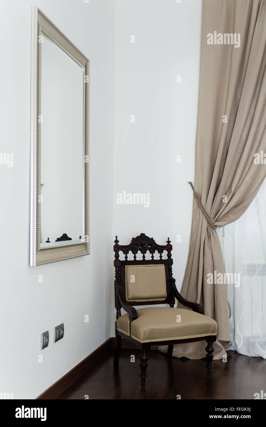 Night Vintage Classic Wooden Chair In Corner And Mirror In A