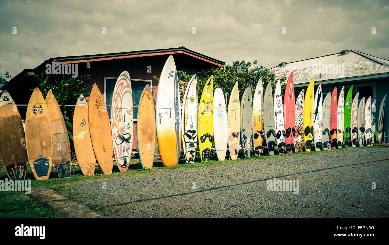 Surfboards along the Hana Highway on the island of Maui, Hawaii (USA