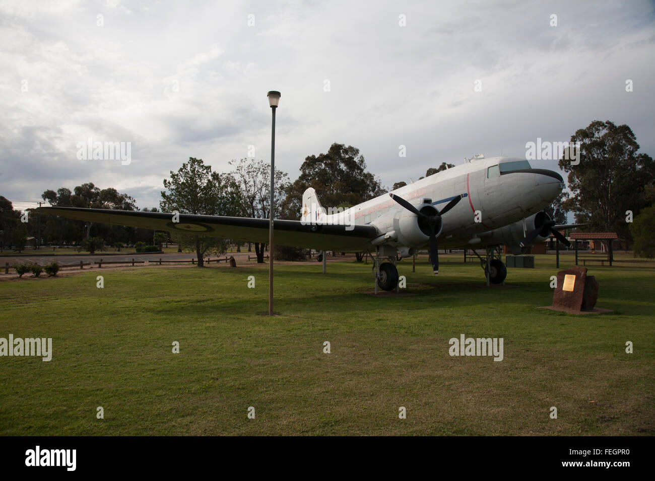 The Douglas DC3 Dakota is located in Lions Park on the junction of the Newell and Mid Western Highway's, West Wyalong Australia Stock Photo