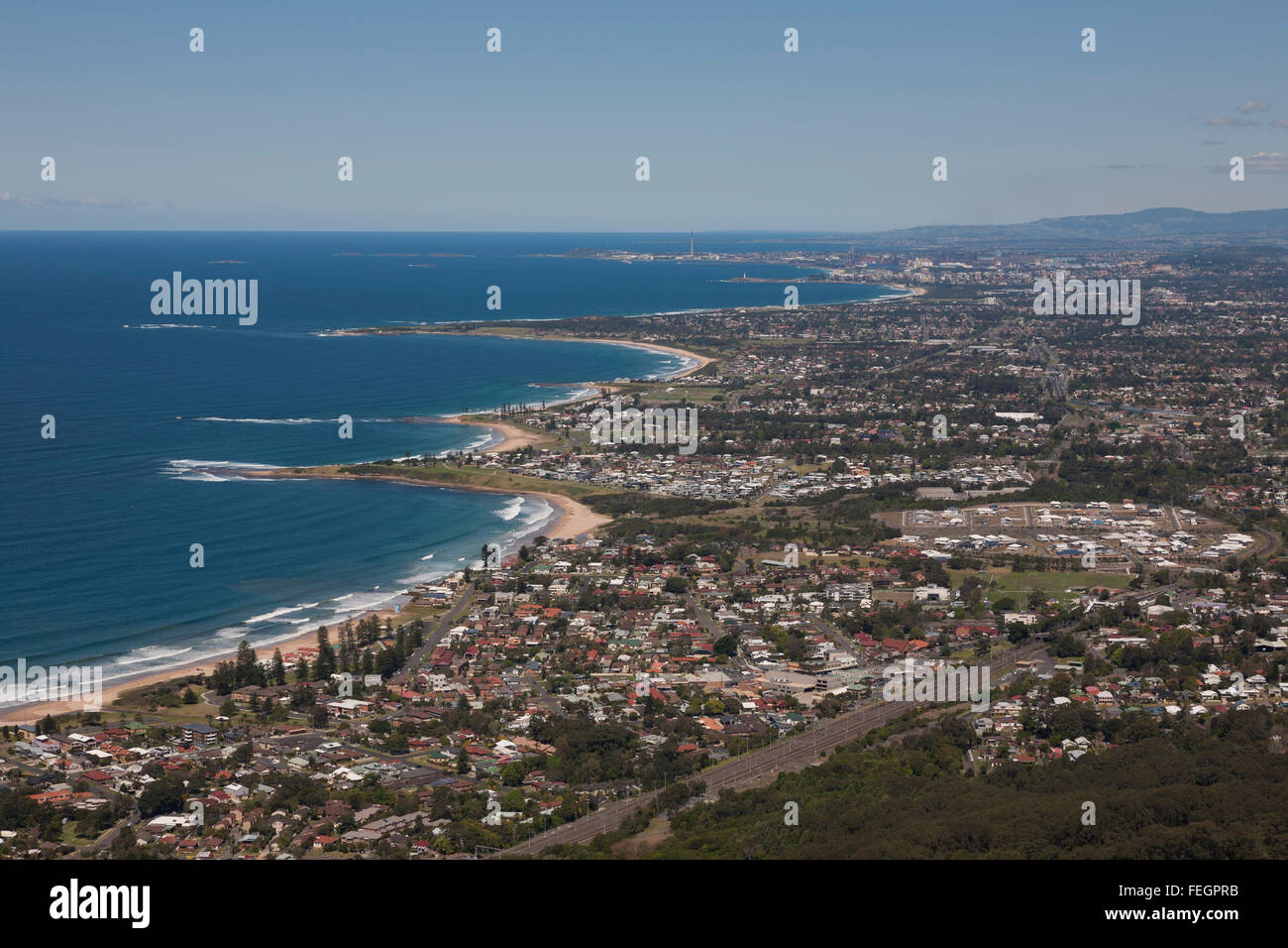 Aerial view looking across Wollongong to Port Kembla Illawarra region NSW Australia Stock Photo