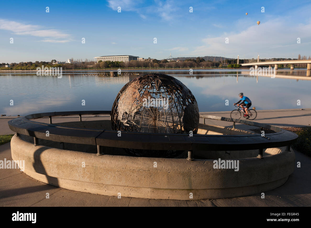 Skeleton globe sculpture at Regatta Point showing the paths of Cook's expeditions Lake Burley Griffin Canberra ACT Australia Stock Photo