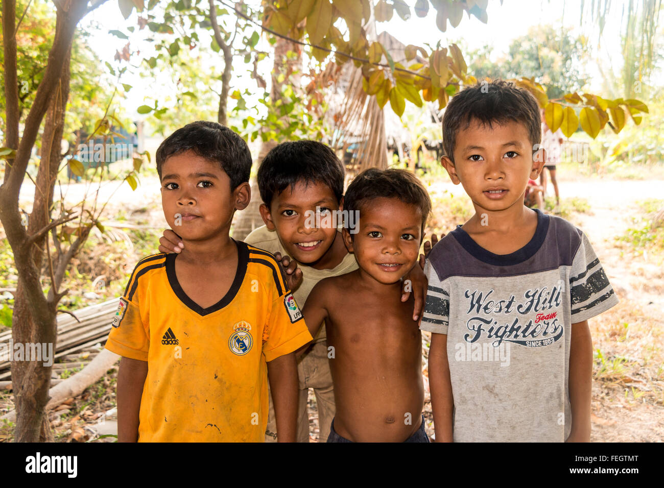 Young school age Camboidan  boys outside a school in Siem, Reap, Cambodia Stock Photo