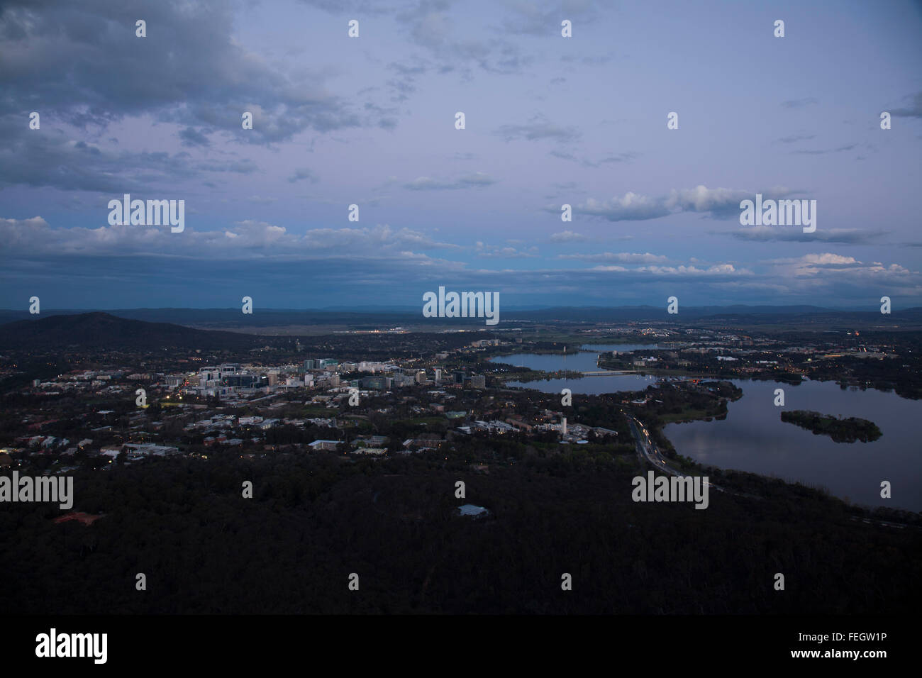 Sunset over Canberra ACT Australia from the Telstra Communication Tower at Black Mountain Stock Photo
