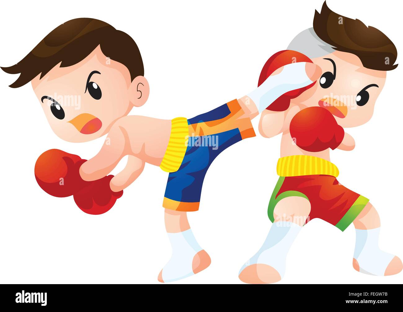 Vector of cute Thai boxing kids fighting actions knee over strike,fighting actions Elbow strike,actions hit strike and dodge, high kick strike Stock Vector