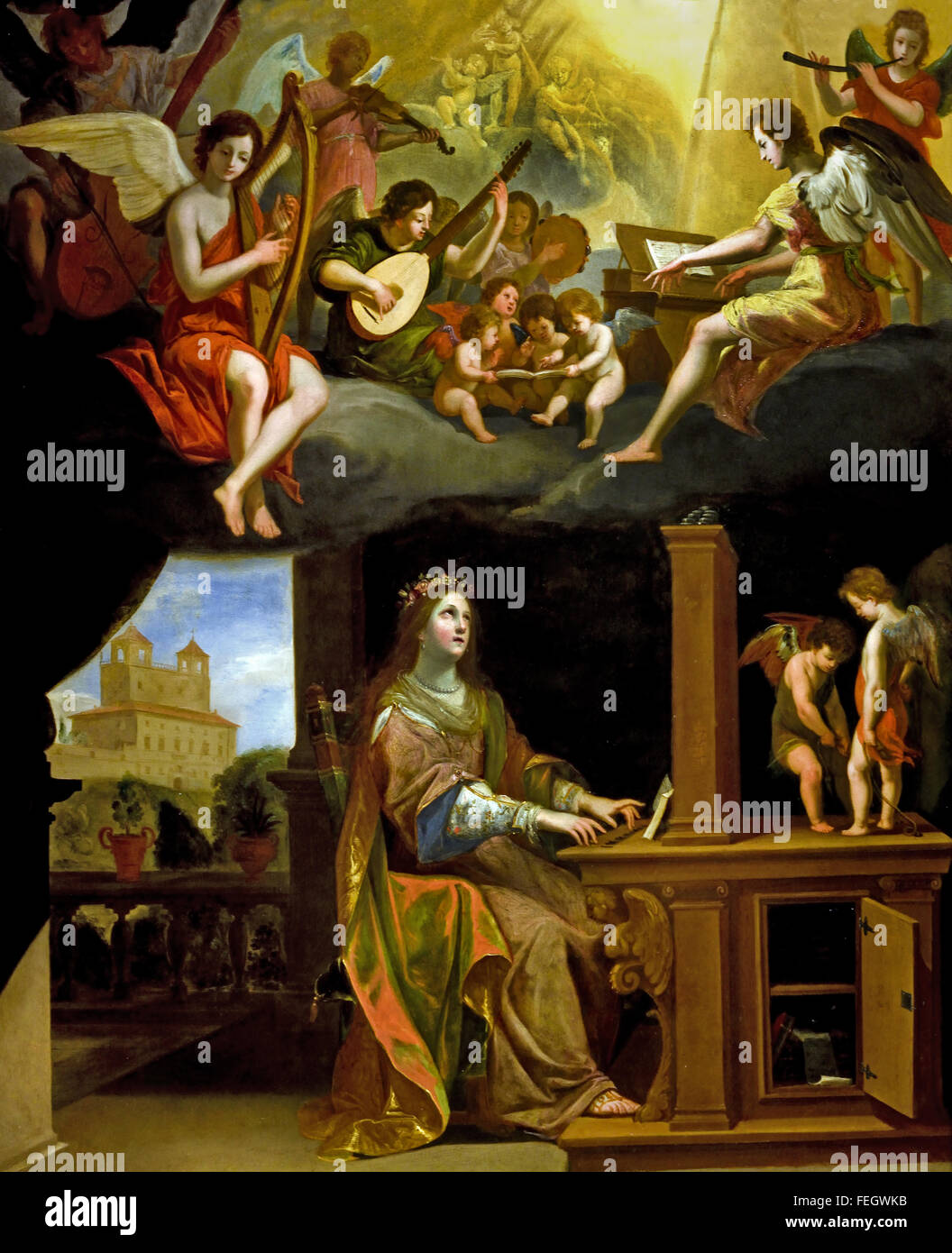 St. Cecilia by Jacques Stella (1596-1657) France French ( Top concert of angels musicians ) Stock Photo