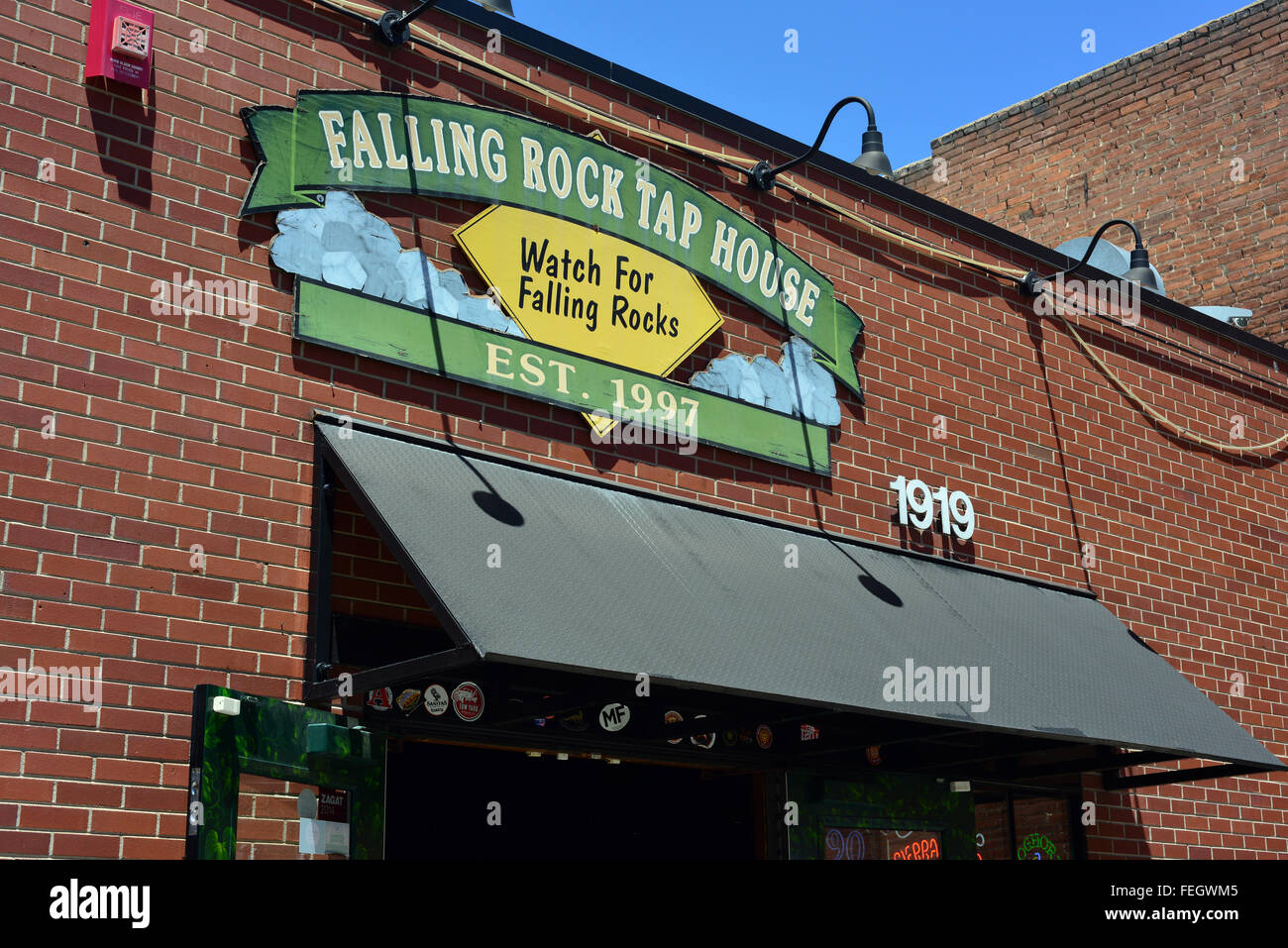 Falling Rock Tap House bar in Downtown Denver, Colorado, USA on a sunny