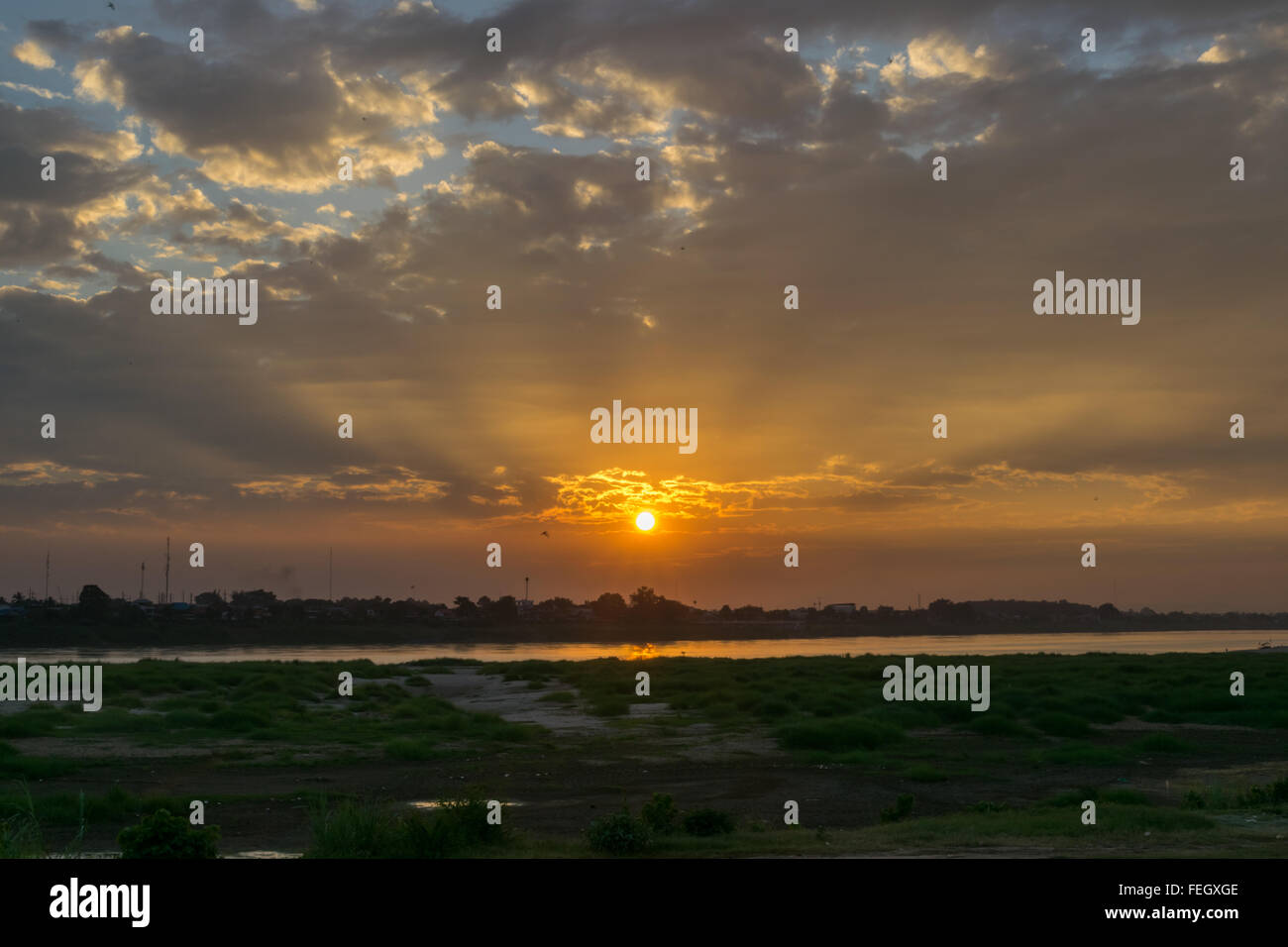 Sunset at the Mekong river look from Laos to Thailand. Stock Photo