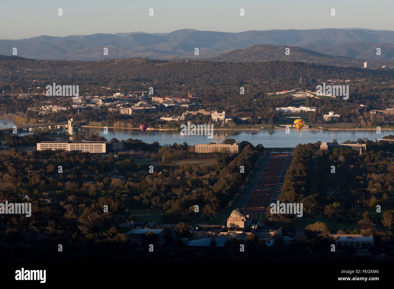 Panoramic view of Canberra ACT Australia from Mt Ainslie over ANZAC Parade and Lake Burley Griffin to Parliament House Stock Photo