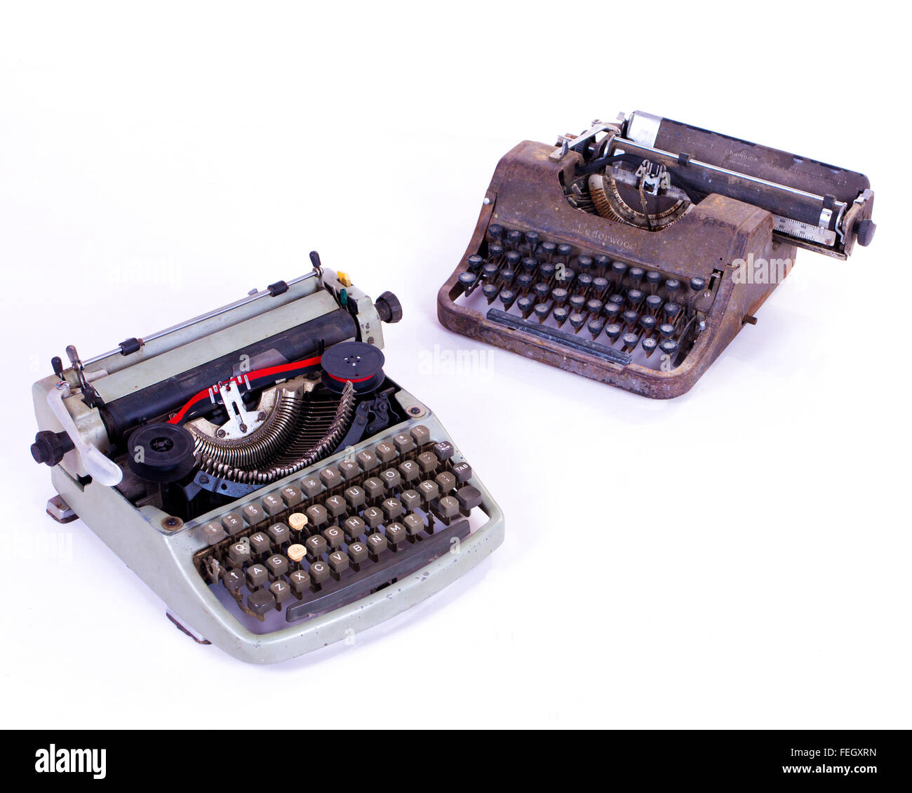 two typewriters on a white background Stock Photo