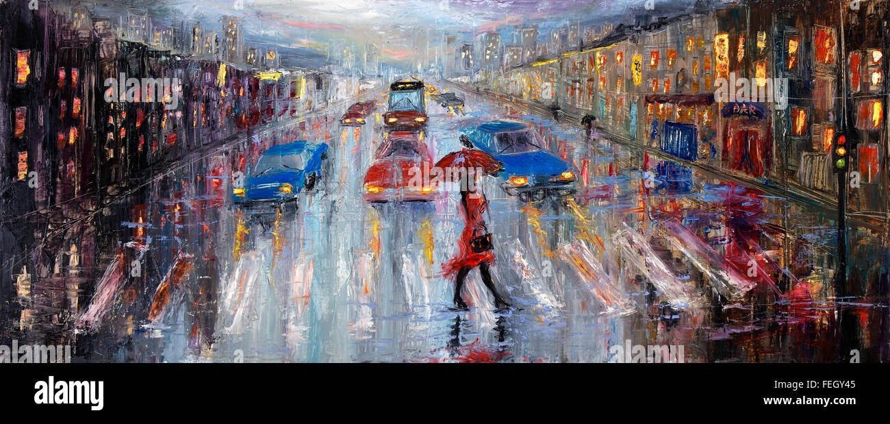 Original oil painting showing beautiful young woman in red,holding red umbrella crossing the city street on canvas. Modern Impre Stock Photo