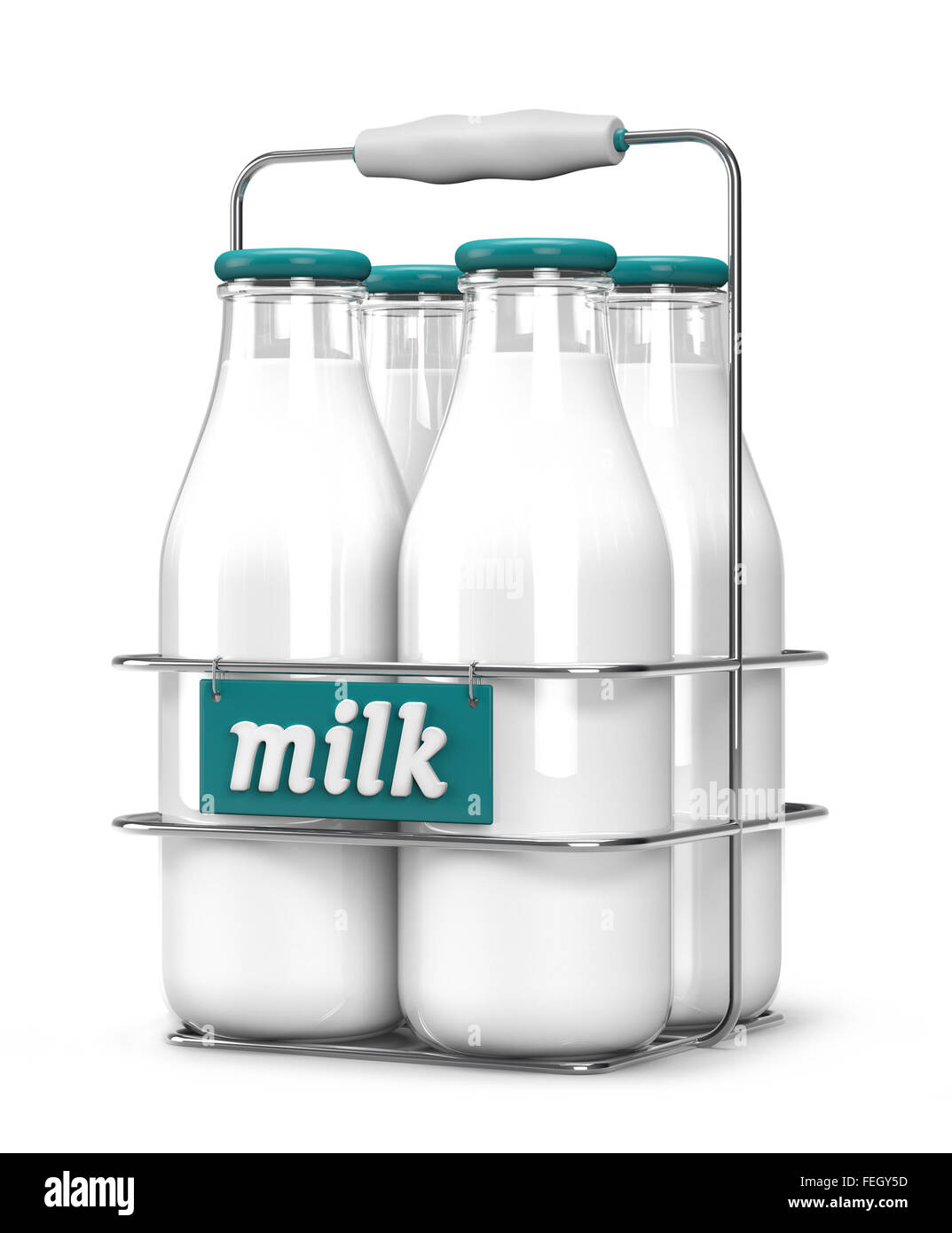 Four glass bottles of milk with light blue caps in a metal carrying case with holder and word milk written on the front isolated Stock Photo