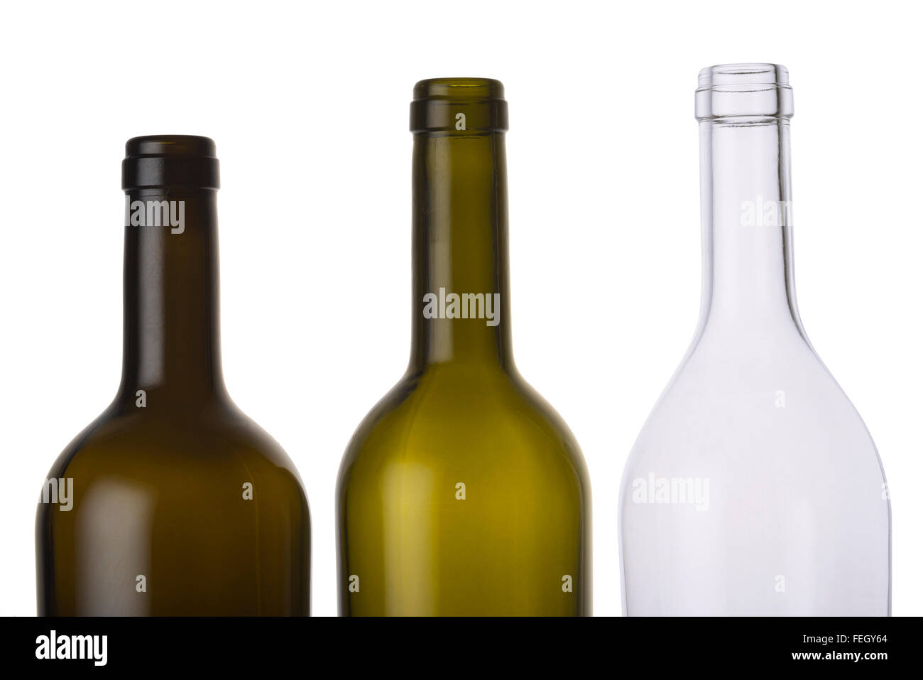 Empty colored wine bottles isolated on white background Stock Photo