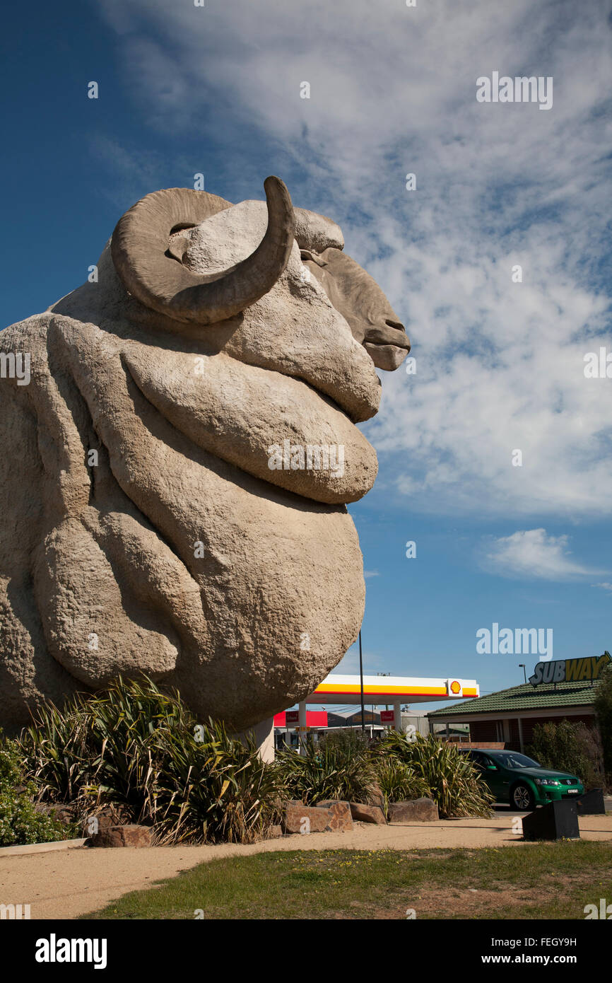 The Big Merino is a 15-metre tall concrete merino ram, located in Goulburn, New South Wales, Australia. Nicknamed 'Rambo' by loc Stock Photo