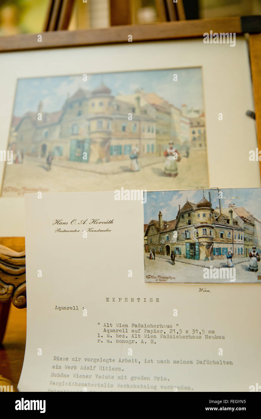 Nuremberg, Germany. 4th Feb, 2016. The water colour painting 'Alt Wien Fasszieherhaus am Neubau', which is attributed to Adolf Hitler as author, is presented at an auctioneer in Nuremberg, Germany, 4 February 2016. A total of 29 paintings and drawings, attributed to Adolf Hitler, have been auctioned off at Weidler actioneers in Nuremberg on 6 February 2016. Photo: Daniel Karmann/dpa/Alamy Live News Stock Photo