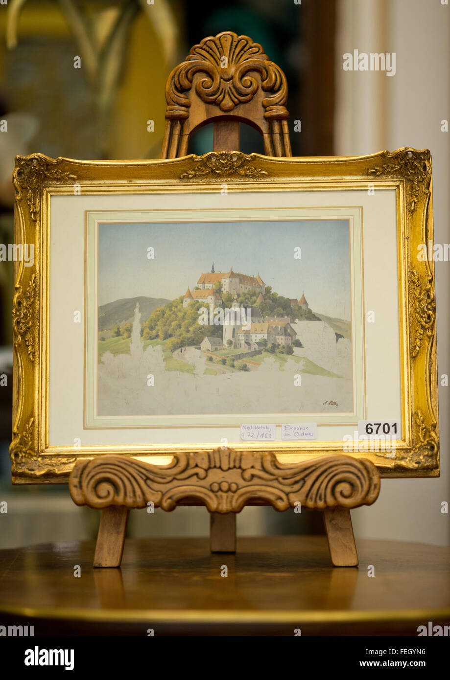 Nuremberg, Germany. 4th Feb, 2016. The water colour painting 'Burg Neulengbach Österreich', from 1912, which is attributed to Adolf Hitler as author, is presented at an auctioneer in Nuremberg, Germany, 4 February 2016. A total of 29 paintings and drawings, attributed to Adolf Hitler, have been auctioned off at Weidler actioneers in Nuremberg on 6 February 2016. Photo: Daniel Karmann/dpa/Alamy Live News Stock Photo
