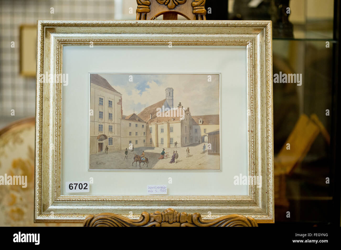 Nuremberg, Germany. 4th Feb, 2016. The water colour painting 'Balle-Platz', between 1910-1912, which is attributed to Adolf Hitler as author, is presented at an auctioneer in Nuremberg, Germany, 4 February 2016. A total of 29 paintings and drawings, attributed to Adolf Hitler, have been auctioned off at Weidler actioneers in Nuremberg on 6 February 2016. Photo: Daniel Karmann/dpa/Alamy Live News Stock Photo