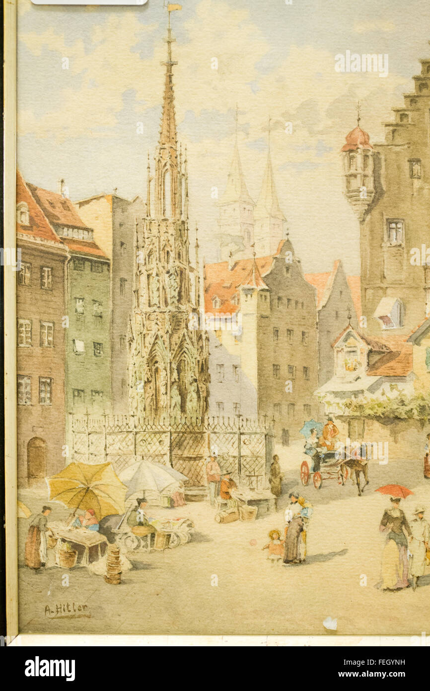 Nuremberg, Germany. 4th Feb, 2016. The water colour painting 'Nuernberg Schoener Brunnen', which is attributed to Adolf Hitler as author, is presented at an auctioneer in Nuremberg, Germany, 4 February 2016. A total of 29 paintings and drawings, attributed to Adolf Hitler, have been auctioned off at Weidler actioneers in Nuremberg on 6 February 2016. Photo: Daniel Karmann/dpa/Alamy Live News Stock Photo