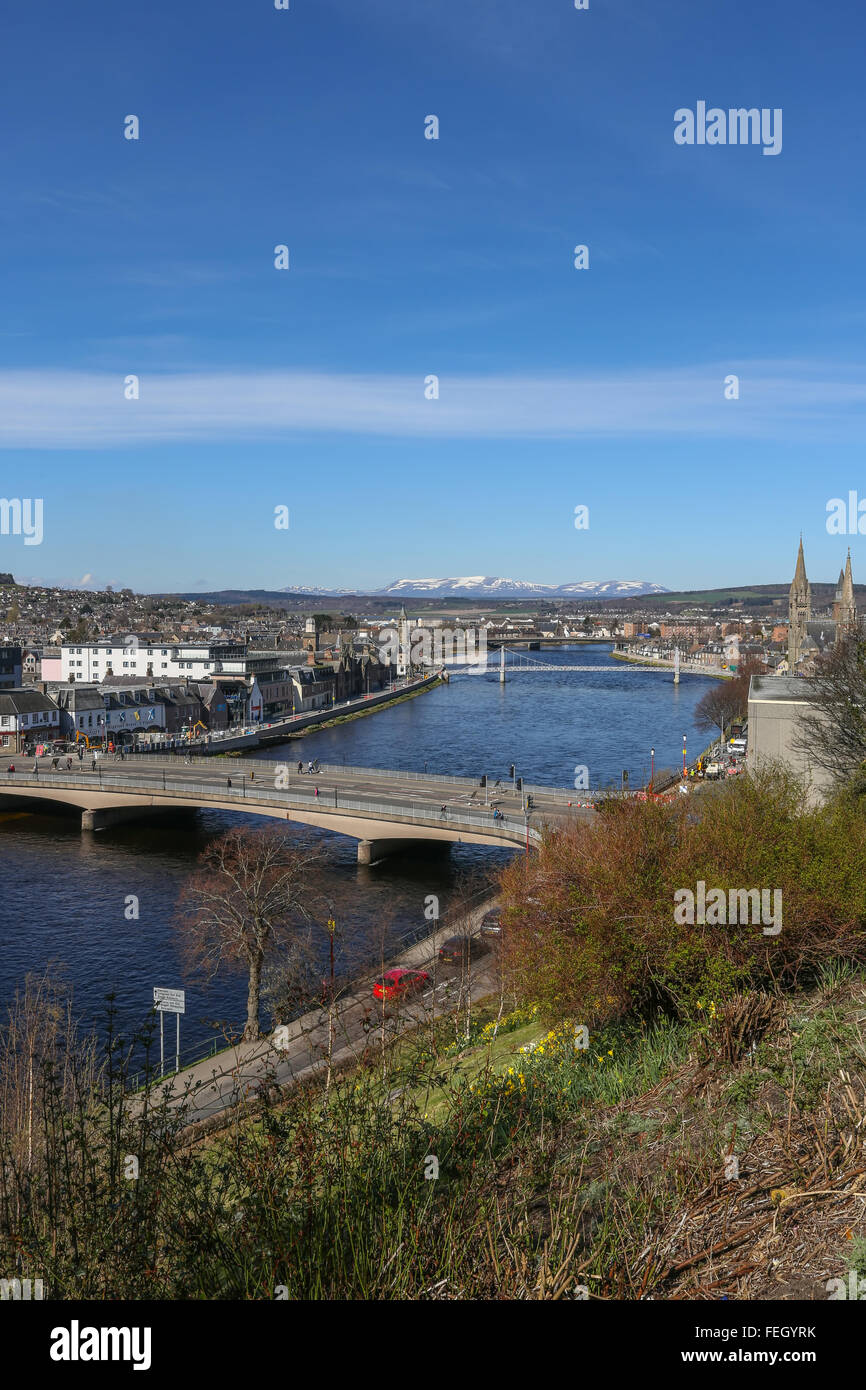 View from Inverness Castle in the city of Inverness in the Highlands of Scotland, UK, showing the River Ness and mountains Stock Photo