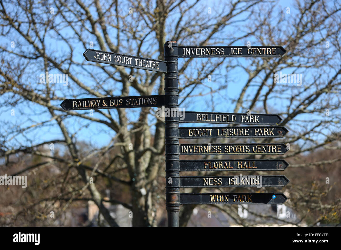 Street sign directing visitors to various attractions in the city of Inverness in the Highlands of Scotland, UK Stock Photo