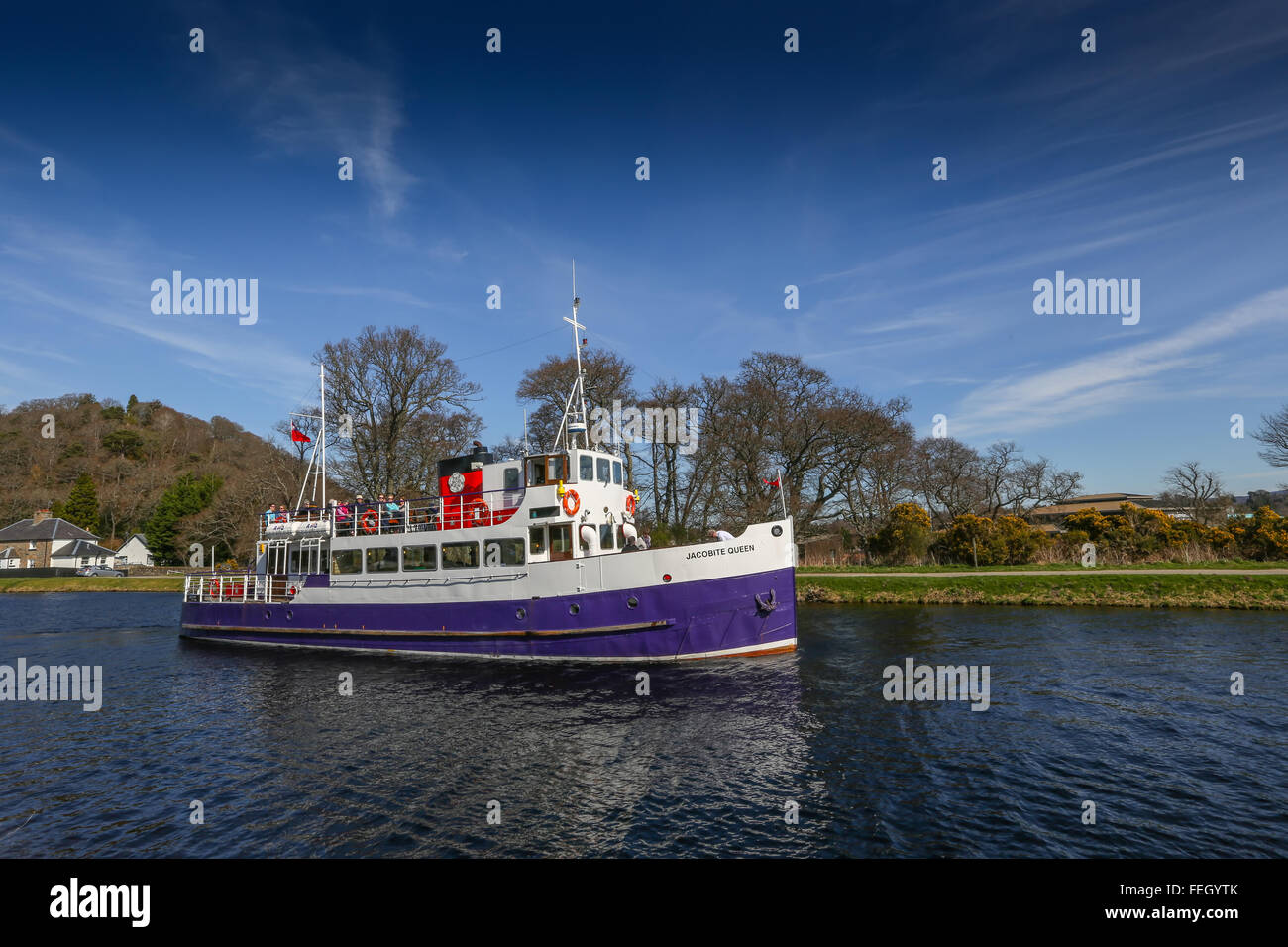 Jacobite Queen tour boat sailing to Loch Ness just outside the city of Inverness in the Highlands of Scotland, UK Stock Photo