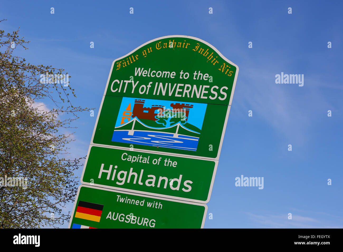 The road sign saying Welcome to Inverness as you enter the city of Inverness in the Highlands of Scotland, UK Stock Photo