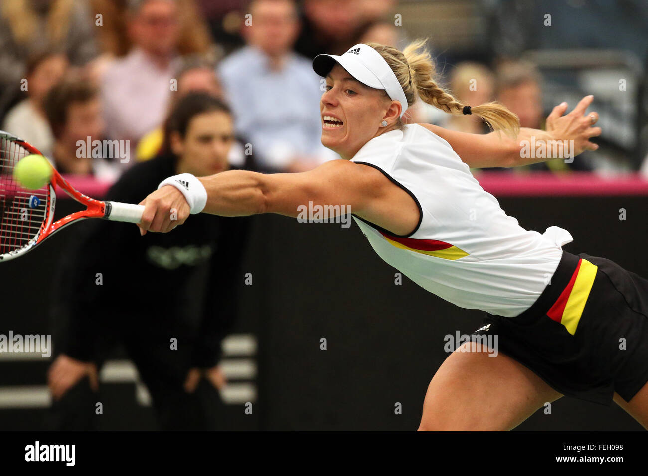 Leipzig, Germany. 06th Feb, 2016. Germany's Angelique Kerber in action against Switzerland's Timea Bacsinszky (not pictured) at the Fed Cup tennis quarterfinal between Germany and Switzerland in Leipzig, Germany, 06 February 2016. Photo: JAN WOITAS/dpa/Alamy Live News Stock Photo