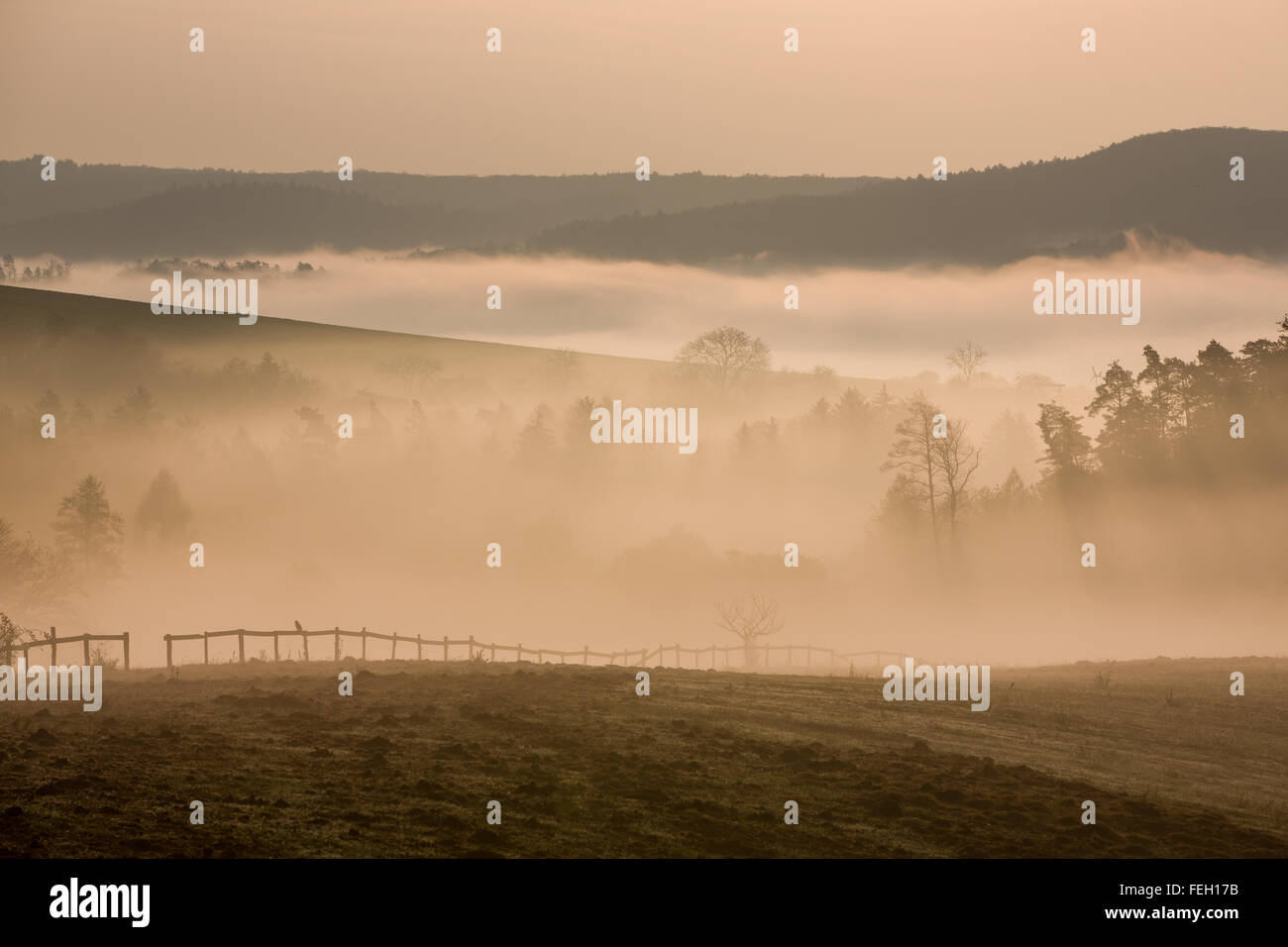 Foggy hills and valleys with fence in autumn dawn Stock Photo
