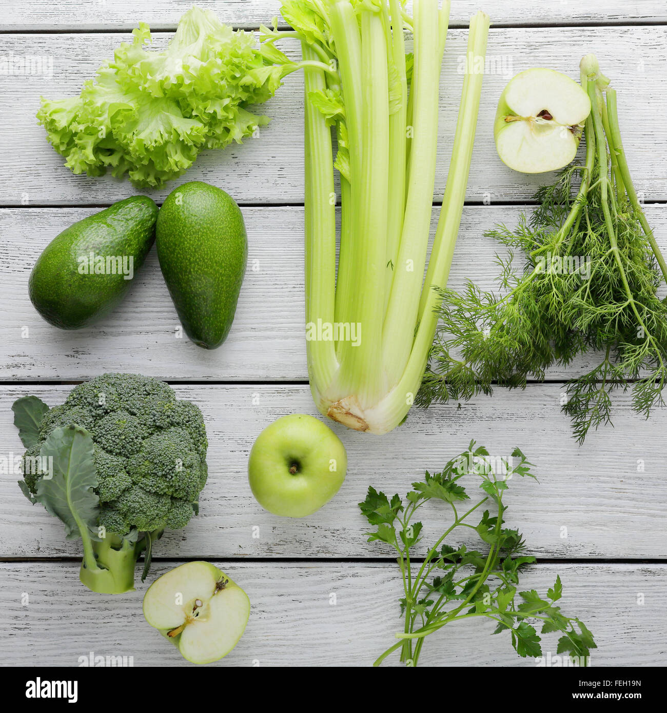 green vegetables on white boards, food top view Stock Photo - Alamy