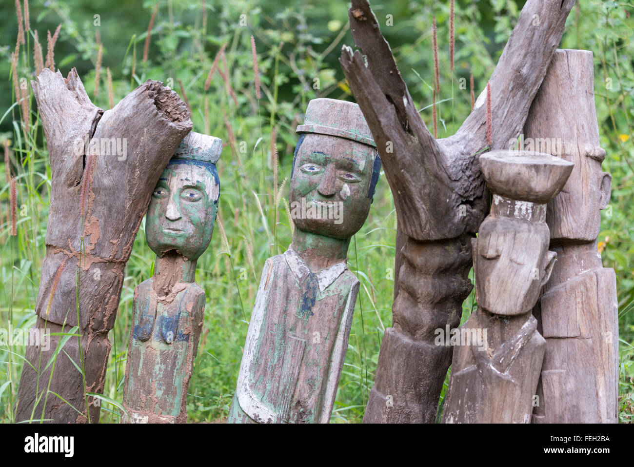 Wooden effigies guarding a shrine in a northern Guinea Bissau vilage Stock Photo