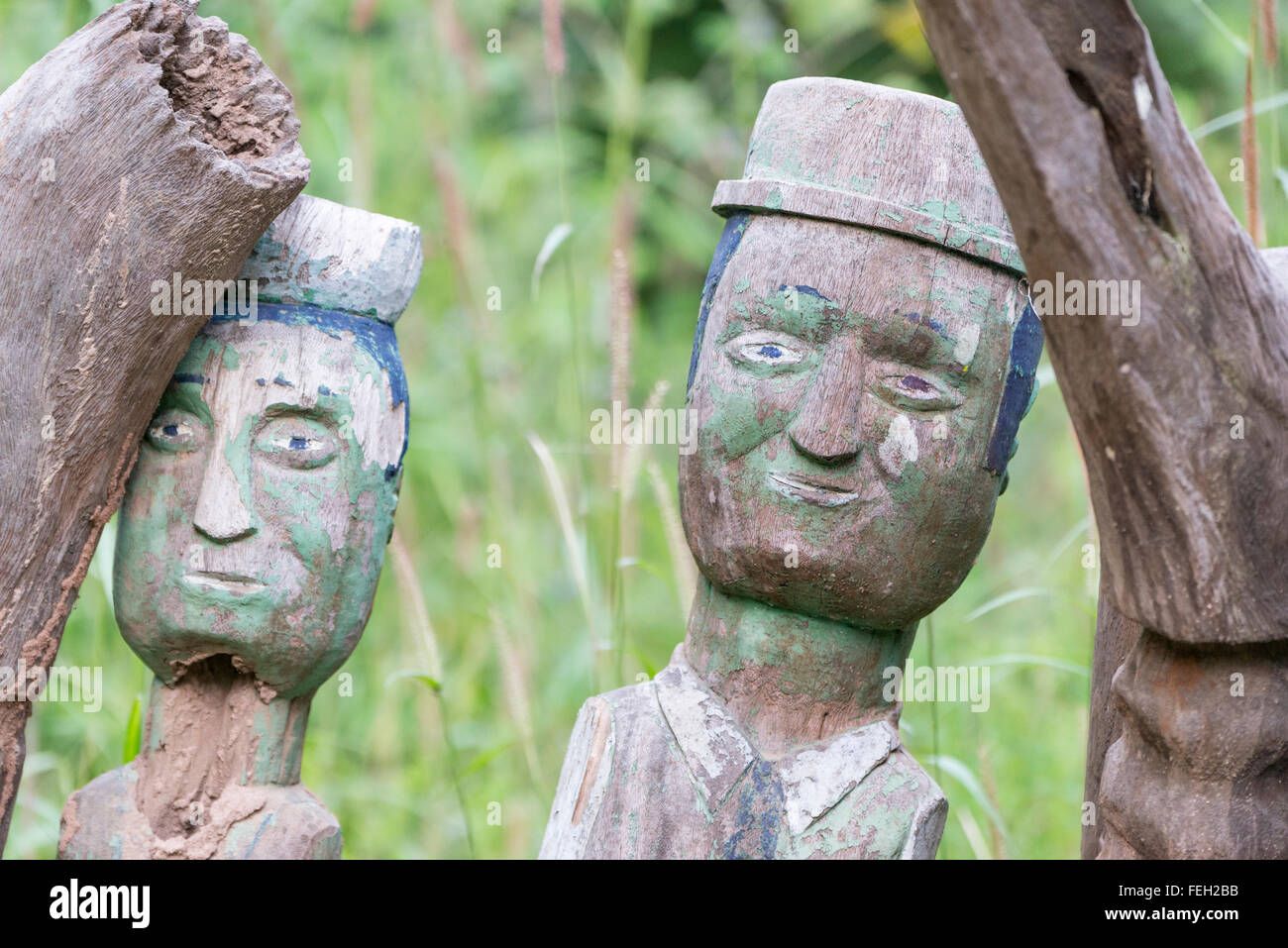 Wooden effigies guarding a shrine in a northern Guinea Bissau village Stock Photo